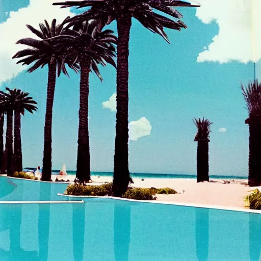 Prompt: Giant columns palace, thunderstorm, greek pool, beach and palm trees on the background major arcana sky, magazine photo from 1987, hyperrealistic 8k, very detailed