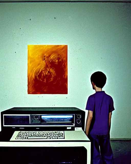 Image similar to an 8 years old enlightened and scared boy standing in front of an old computer from 90s with a game doom2 at the monitor screen painted by Adrian Ghenie and Willem de Kooning and Cy Twombly, still from a movie by Gaspar Noe and James Cameron. expressive acrylic flowing smudged painting