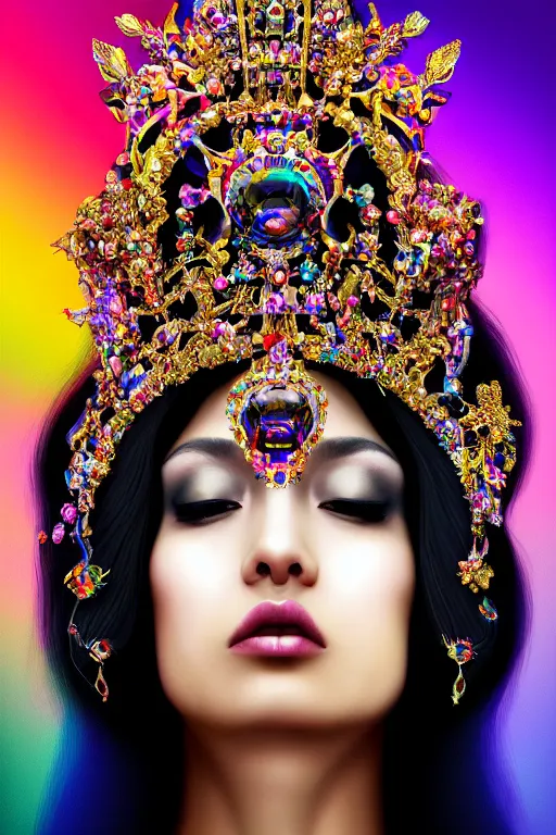 Image similar to a singular beautiful empress dramatic portrait, black hair, with a brilliant, impossible striking shiny big multi colored crystal headpiece, symmetrical, reflective surface, rainbow crystal clothes, rococo, baroque, jewels, asian, realistic, dramatic studio lighting, closeup, D&D, fantasy, intricate, elegant, highly detailed, digital painting, artstation, octane render, 8k, concept art, matte, sharp focus, illustration, art by Artgerm and Greg Rutkowski and Alphonse Mucha