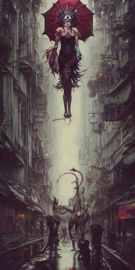 Image similar to hyper realistic Princess Mononoke, ornate mask, wet market street, rainy atmosphere, full moon, cyberpunk metropolis, city landscape, jewels, full body pose, wolves, style of tom bagshaw, mucha, james gurney, norman rockwell, denoised, sharp