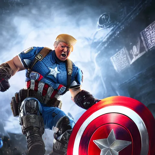 Image similar to donald trump as captain america in gears of war, splash art, maga, patriot, detailed face, movie still, cinematic lighting, dramatic, glowing, ray tracing, octane render, long lens, shallow depth of field, bokeh, anamorphic lens flare, 8 k, hyper detailed, 3 5 mm film grain