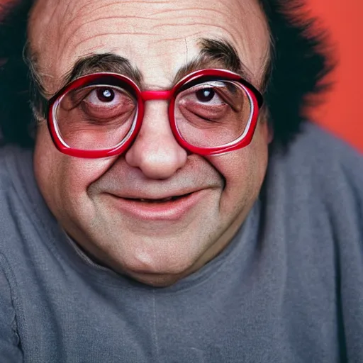 Image similar to closeup Danny DeVito dressed as kirby, round pink character, by Steve McCurry and David Lazar, natural light, detailed face, CANON Eos C300, ƒ1.8, 35mm, 8K, medium-format print