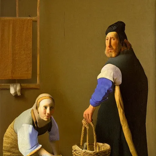 Image similar to Painting of Nicolas Cage as a dutch farmer, painted by Vermeer.