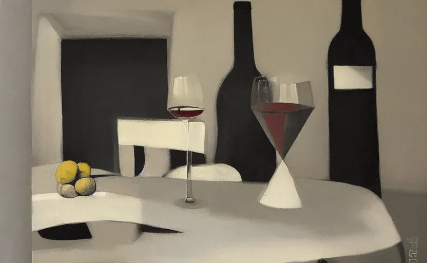 Prompt: abstract monotone oil painting, minimal, white mug, glass bottle, wine glass, on a table. in the style of john craxton, similar aesthetics to ivon hitchins. picasso