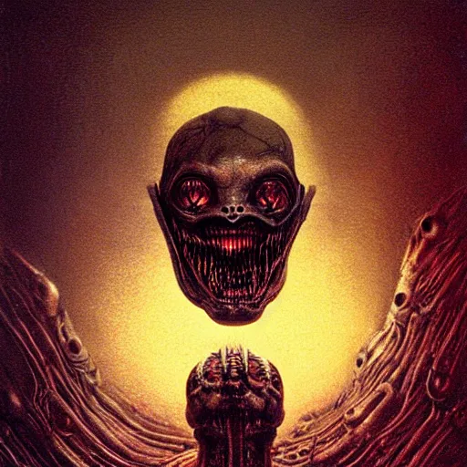 Image similar to space alien, slimy, glossy, sharp teeth, by h. r. giger, beksinski, nightmare fuel, nightmarish, intricate, highly detailed, optical illusion, stranger things demogorgon, volumetric lighting, flickering