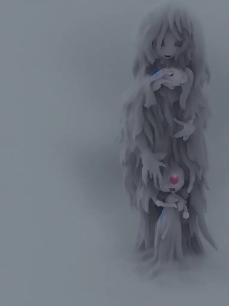 Prompt: cute fumo plush of a cursed frail witch girl held tight in the arms of a ghost, hugging, maternal, melting volumetric smoke and fog, environment map pbr reflective stormy water, goth, vignette, vray