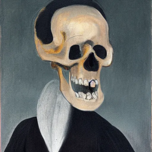 Prompt: a scary portrait of a man with a skull as his head, he is wearing a suit, in the style of Francis Bacon, 4k,