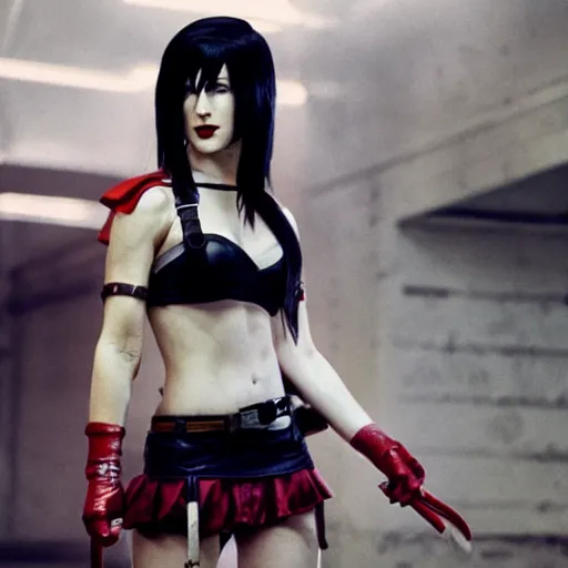 Prompt: Tifa Lockheart as Harley Quinn, Cinematography by Roger Deakins