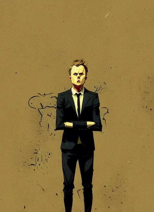 Image similar to highly detailed closeup portrait of angry handsome martin wallstrom, tyrell wellick, wearing suit by atey ghailan, by greg rutkowski, by greg tocchini, by james gilleard, by joe fenton, by kaethe butcher, gradient cyan, brown black, yellow and white only color scheme, grunge aesthetic!!! ( ( graffiti tag wall background ) )