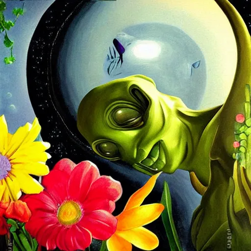 Prompt: beautiful painting of a cute alien sleeping laying in colorful flowers. sci fi concept art by caravaggio