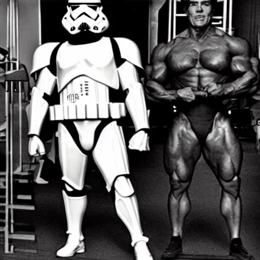 Prompt: Arnold Schwarzenegger bodybuilding as a stormtrooper