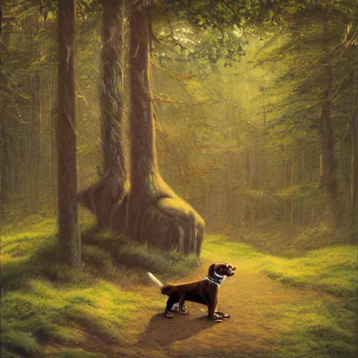 Prompt: a painting of a dog in the woods, an album cover by terry redlin, deviantart, furry art, official art, storybook illustration, hyper realism