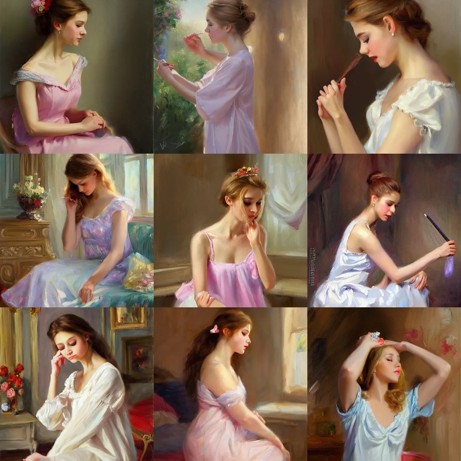 Prompt: a princess combing her hair in her nightgown, painting by Vladimir Volegov, masterpiece, highly detailed, oil on canvas