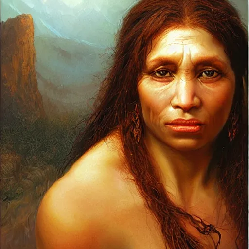 Image similar to portrait of a neanderthal woman ( 3 5 ) from spain, 5 0, 0 0 0 bce, an oil painting by ross tran and thomas kincade