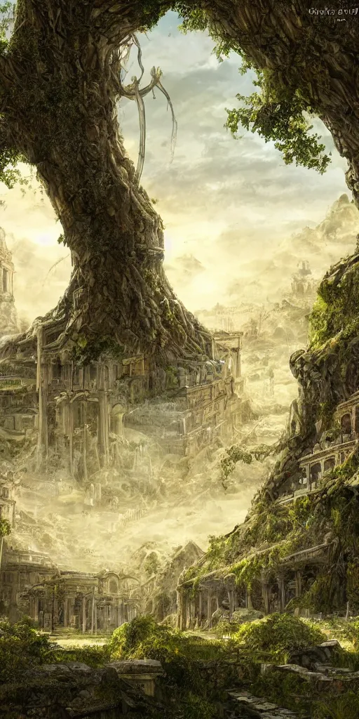 Image similar to sprawling roman city built at the base of a towering tree, wide shot, digital art, detailed, fantasy, elden ring