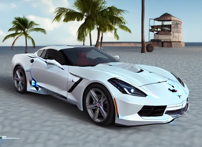 Image similar to hyperrealism, detailed textures, photorealistic 3 d render, a dreamy beach in cuba, a photorealistic 2 0 3 9 corvette stingray concept care with a blazing pearl white colour scheme, sharp focus, ultra realistic, ultra high pixel detail, cinematic, intricate, cinematic light, concept art, illustration, art station, unreal engine 8 k