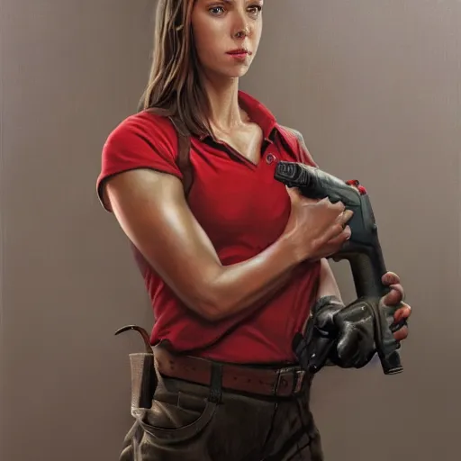 Image similar to epic portrait a slightly muscular woman wearing short sleeved uniform and carrying a red power tool drill, detailed, centered, digital painting, artstation, concept art, donato giancola, Joseph Christian Leyendecker, WLOP, Boris Vallejo, Breathtaking, 8k resolution, extremely detailed, beautiful, establishing shot, artistic, hyperrealistic, beautiful face, octane render