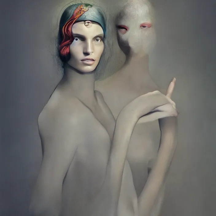 Image similar to gorgeous gucci goddess, future fashion, stylish deity, model, art deco, concept art, gucci, digital painting, beautiful, slick, hd, 1 3 5 mm, by annie leibovitz, by beksinski