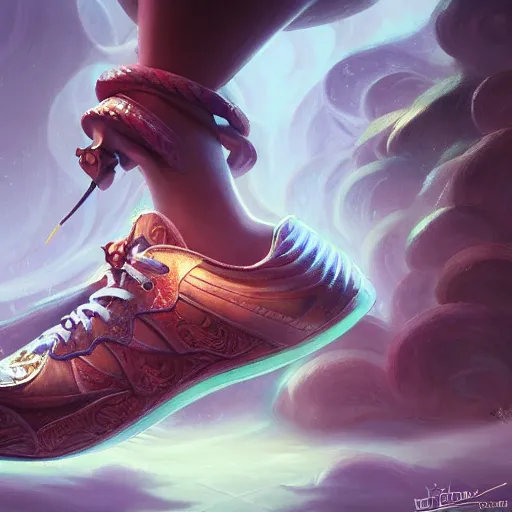 Image similar to painted sneakers, fantasy, intricate, elegant, highly detailed, digital painting, artstation, concept art, smooth, sharp focus, illustration, art by riot games - 1 0 2 4