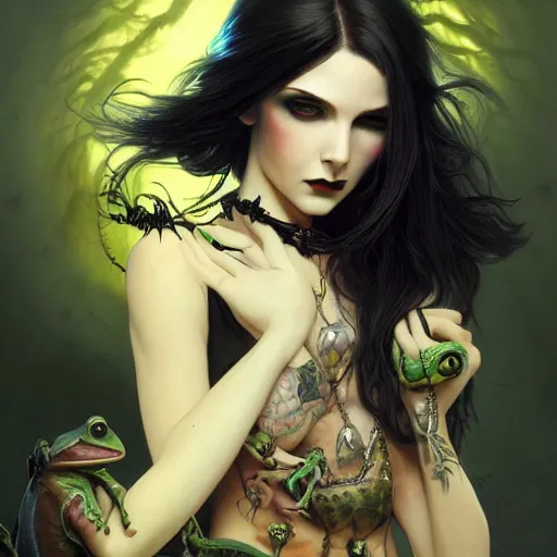 Image similar to attractive goth woman with a frog, intricate, highly detailed, digital painting, artstation, concept art, smooth, sharp focus, illustration, unreal engine 5, 8 k, art by artgerm and greg rutkowski and alphonse mucha