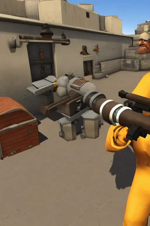 Image similar to Walter White in Team Fortress 2 firing a minigun, in the style of TF2, Gameplay