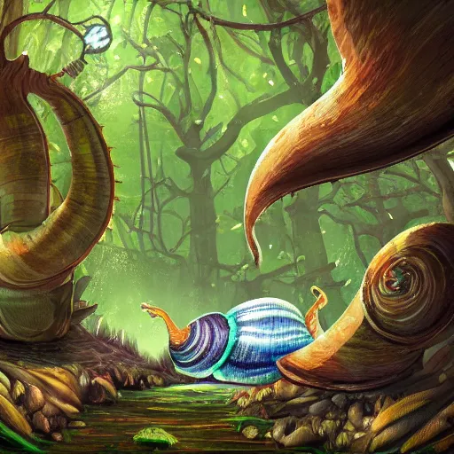 Image similar to friendly giant snail in fantasy feywild swamp, illustration, detailed