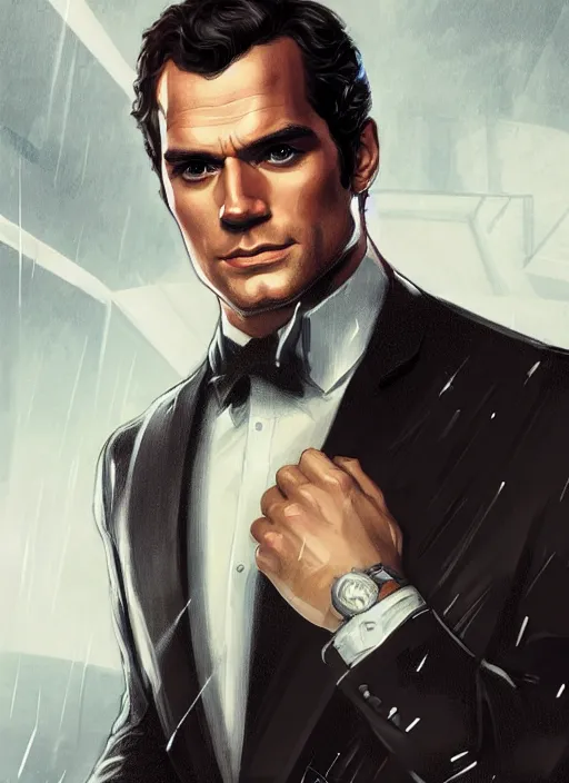 Prompt: portrait of henry cavill as james bond, casino, raining poker, key art, highly detailed, digital painting, artstation, concept art, cinematic lighting, sharp focus, illustration, art by artgerm and greg rutkowski and alphonse mucha