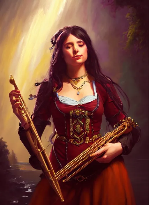 Image similar to a _ fantasy _ style _ portrait _ painting _ of female charismatic bard playing instrument, rpg dnd oil _ painting _ unreal _ 5 _ daz. _ rpg _ portrait _ extremely _ detailed _ artgerm _ greg _ rutkowski _ greg