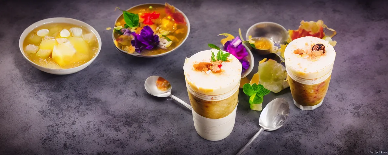 Image similar to halo - halo from kuya j's, depth of field, food photography, isometric, delicious, wide shot, studio, bokeh, gmaster, cooking, food, kodak, sony, canon