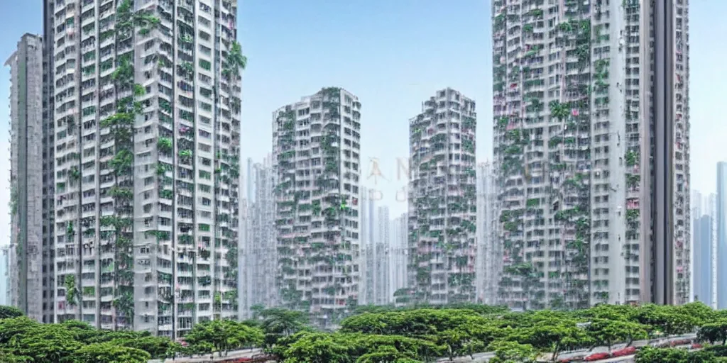 Image similar to a beautiful realistic image from old apartment buildings with airco in hong kong in the future