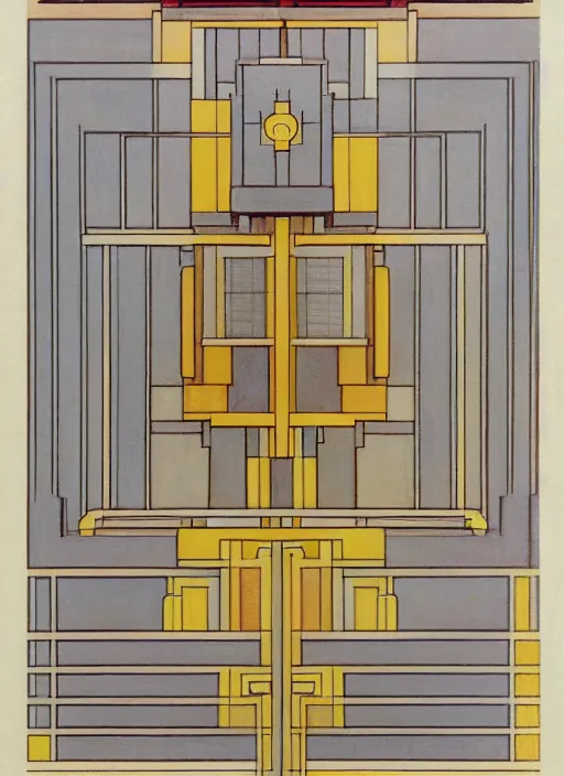 Image similar to isometric artdeco cathedral by frank lloyd wright, isometric, painted by piet mondrian in isometric from above