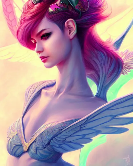 Prompt: 3 / 4 view of girlwith wings, confident pose, pixie character, video game genshin impact, intricate, elegant, sharp focus, illustration, bright colors, concept art, matte, magali villeneuve, artgerm, anime, trending on artstation