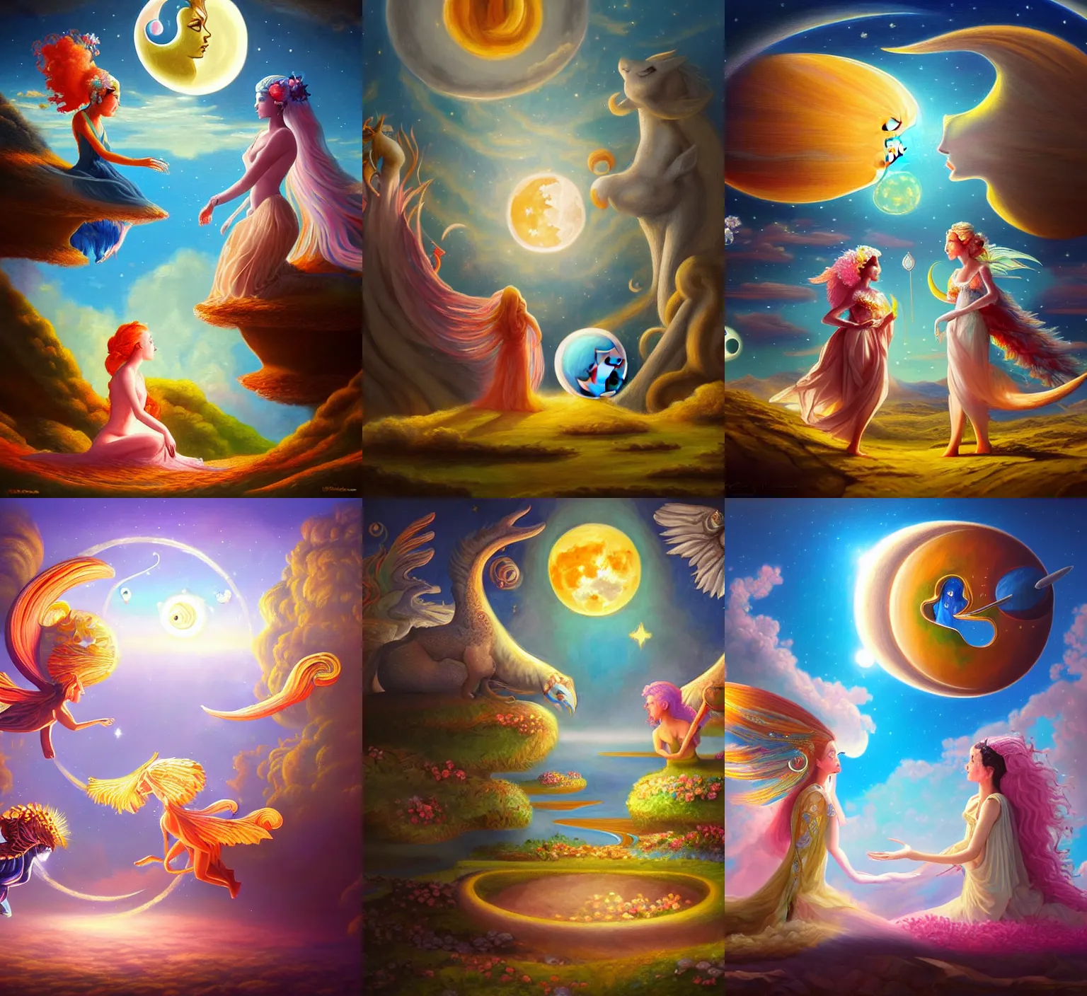 Prompt: fanciful and surreal oil painted illustration, scene of the princesses of the Sun and Moon conversing, concept art, highly detailed, intricate, fantasy, sharp focus, Trending on Artstation HQ, deviantart