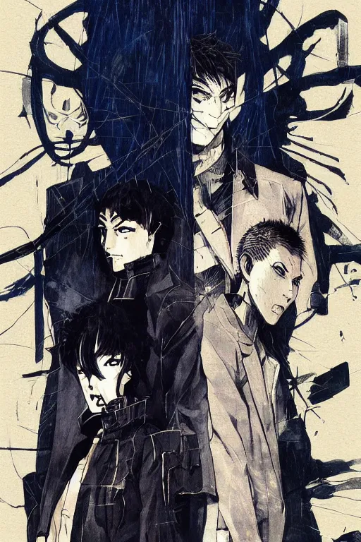 Prompt: professionally drawn seinen mature cyberpunk detective horror action manga comic cover, full color, beautifully drawn coherent professional, drawn by ilya kuvshinov!, satoshi kon, kentaro miura, dave mckean, tsutomu nihei. japanese script kanji hiragana on the cover. minimalist stylized cover art. indigo blue cel shaded