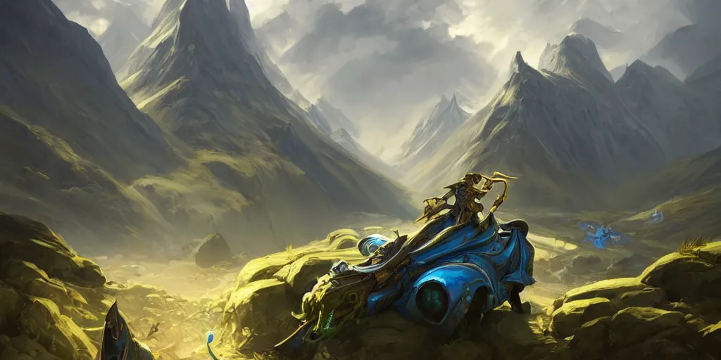 Image similar to wide angle, blue knight with gold sword, driving green hatchback car, glacier landscape, norway, D&D, fantasy, intricate, elegant, highly detailed, action pose, digital painting, artstation, octane render, concept art, matte, sharp focus, illustration, hearthstone, art by Artgerm and Greg Rutkowski and Alphonse Mucha