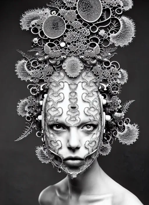 Image similar to surreal black and white photo portrait of complex bio-mechanical beautiful young female vegetal-cyborg with a Mandelbrot fractal metal fine lace face, curled silver hair, 150 mm lens, soft rim light, fine metal floral foliage super big lace collar by Alexander McQueen, high fashion, haute couture, rococo, steampunk, silver filigree details, anatomical, facial muscles, cable wires, microchip, elegant, hyper realistic, octane render, unreal engine, in the style Dora Maar, volumetric lighting, 8k,