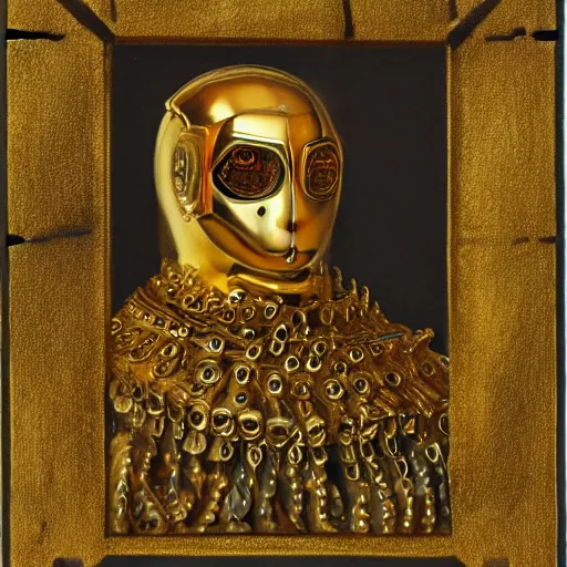 Image similar to a portrait of a shiny metallic renaissance steampunk robot, in the style of Jan van Eyck,