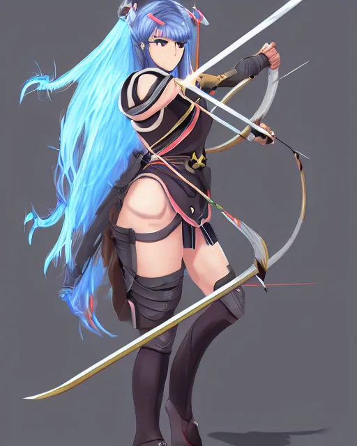 Image similar to anime girl with a bow and arrow, female archer, angry, warrior, realistic, fire emblem heroes archery japanese cartoon woman, artstation trending, concept art, digital painting