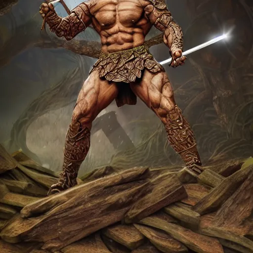 Image similar to muscular warrior with surface of tree - bark, wearing intricate stone wood vines armor, holding halberd with laser blade, battlefield, highly detailed, dramatic lighting, cinematic, sci - fi, hyperrealistic, detailed