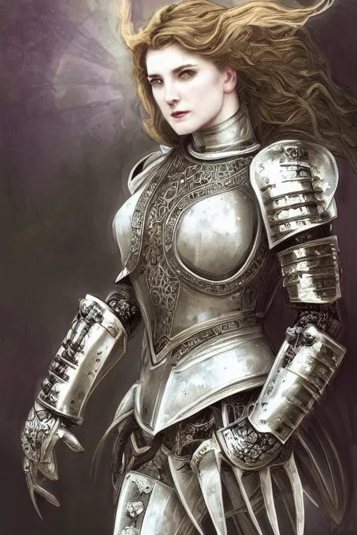Image similar to beautiful luxury and evil and victorian and gothic female medieval white armor knight portrait+smoky eyes+front face with light flowing hair, ultradetail face, ruined gothic cathedral, art and illustration by tian zi and craig mullins and WLOP and alphonse mucha, ssci-fi, fantasy, intricate complexity, human structure, hypermaximalist, fantasy character concept, dynamic lighting, neon light, watermark, blurry, hyperrealism 8k