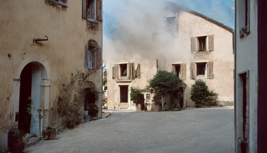 Image similar to 1 9 7 0 s movie still of a heavy burning french style townhouse in a small french village, cinestill 8 0 0 t 3 5 mm, heavy grain, high quality, high detail, dramatic light, anamorphic, flares