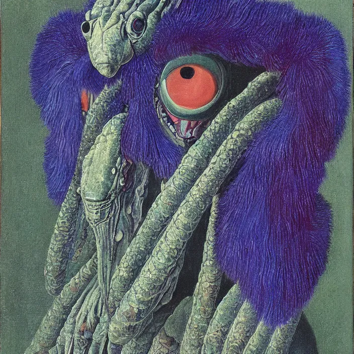 Prompt: close up portrait of a mutant monster creature with colorful exotic indigo iris eyes, crystal teeth, mantis composure. by jan van eyck, audubon