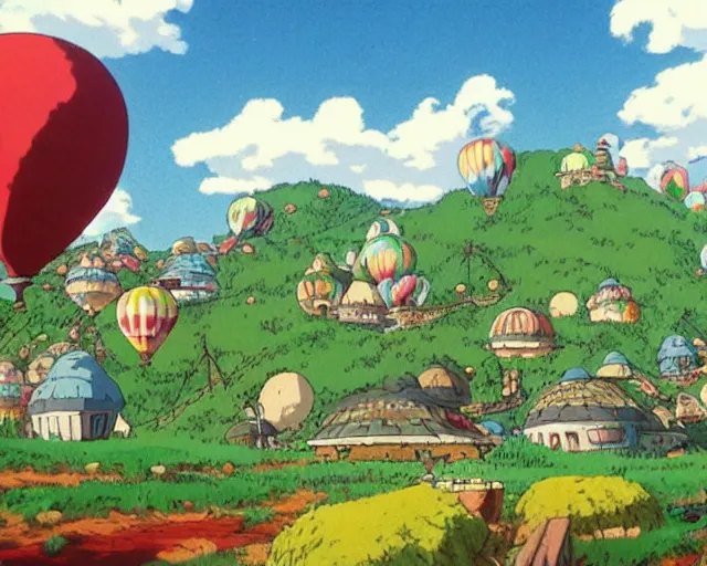 Prompt: mountain overseeing clown village next to a balloon forest, studio ghibli style, hayao miyazaki