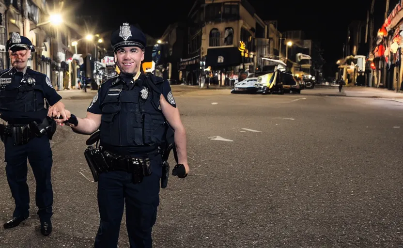 Prompt: photography of police in the night, smoking a very big joint, smiling, flash shot