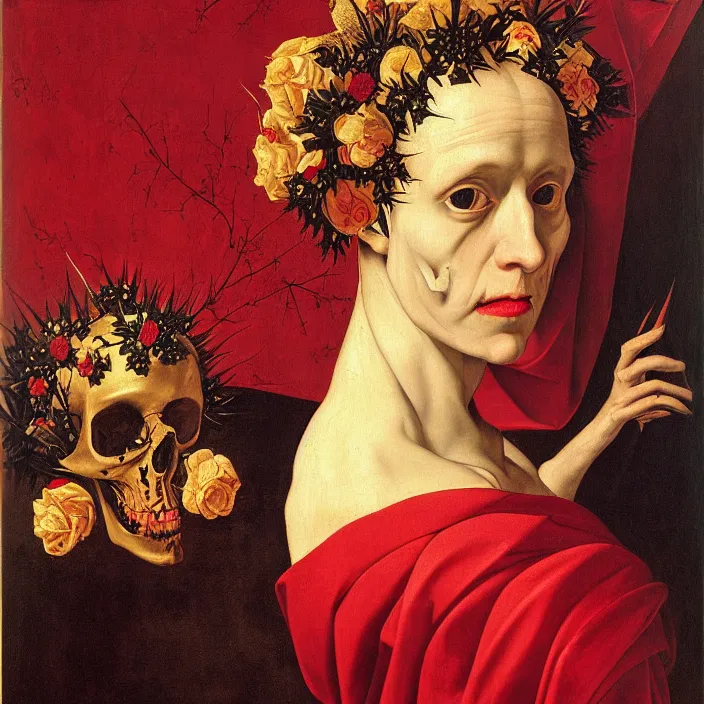 Prompt: portrait of a woman with a golden skull instead of a head, a wreath of thorns, a dress of bones and roses, horns, snakes, smoke, flames, full-length, oil painting in a renaissance style , very detailed, red background, painted by Caravaggio.