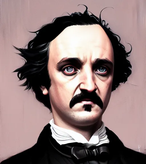 Image similar to highly detailed edgar allan poe portrait in gta v, stephen bliss, unreal engine, fantasy art by greg rutkowski, loish, rhads, ferdinand knab, makoto shinkai and lois van baarle, ilya kuvshinov, rossdraws, tom bagshaw, global illumination, radiant light, detailed and intricate environment