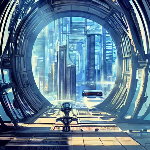 Image similar to overgrown futuristic cityscape located under a bridgeway, world seen only through a portal, daylight, cinematic perspective, cinematic lighting, blue sky, syd mead, john harris, symmetrical