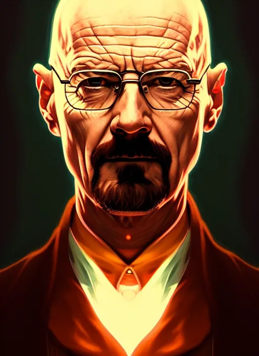 Image similar to symmetry portrait of walter white, glowing lights intricate, elegant, highly detailed, digital painting, artstation, concept art, smooth, sharp focus, illustration, art by artgerm and greg rutkowski and alphonse mucha