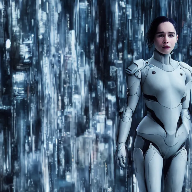 Prompt: scifi emilia clarke looks like ghost in the shell, extremely high detail, smiling woman, cyborg, photorealism, sony a 7 r