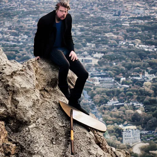 Image similar to A man wearing a black Jacket, white shirt, blue jeans and golden boots sits on a cliff holding an axe, XF IQ4, 150MP, 50mm, f/1.4, ISO 200, 1/160s, natural light, Adobe Photoshop, Adobe Lightroom, DxO Photolab, Corel PaintShop Pro, rule of thirds, symmetrical balance, depth layering, polarizing filter, Sense of Depth, AI enhanced